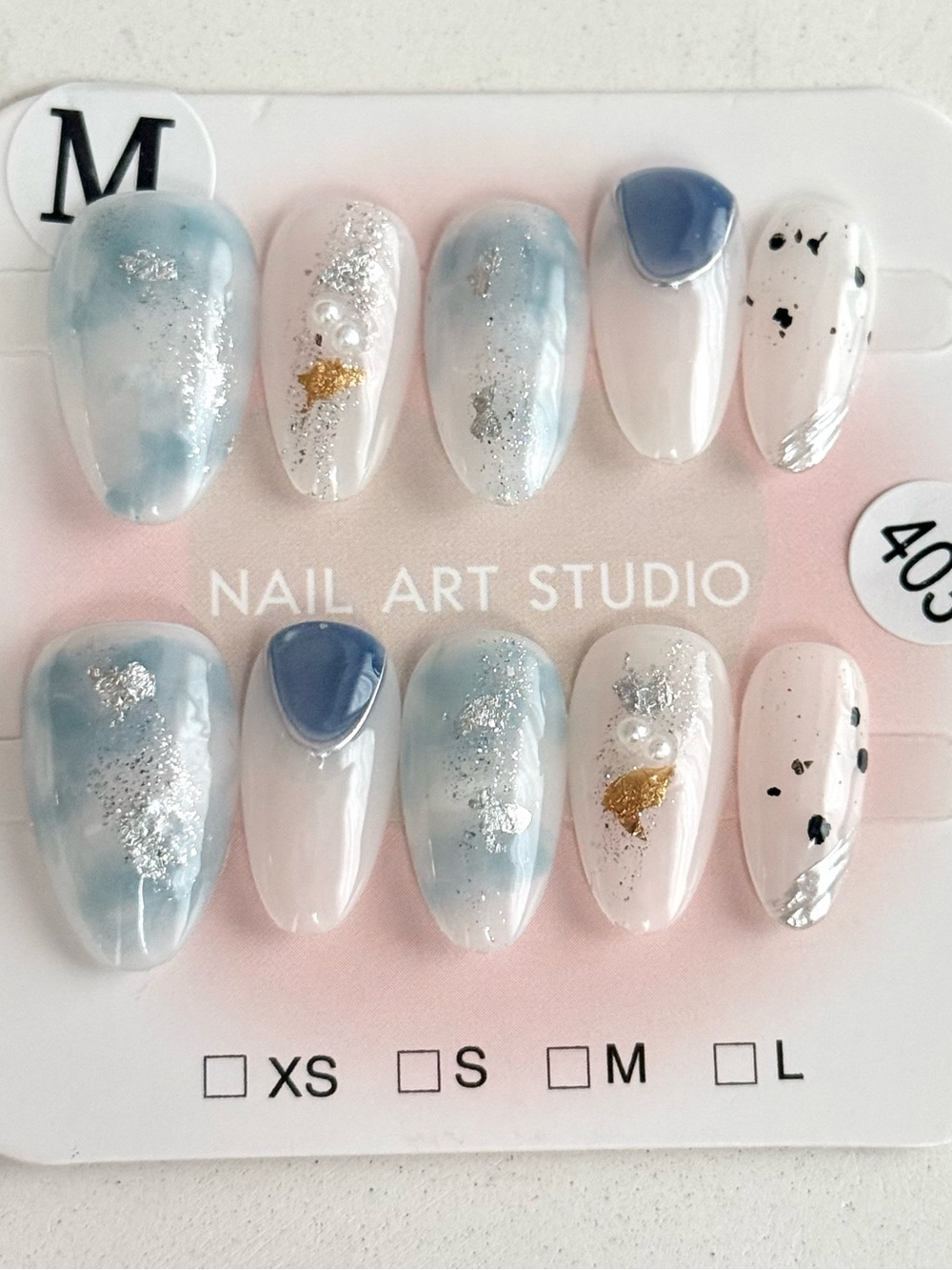 Handmade Blue Marble Press-On Nail Set Short Almond Size M